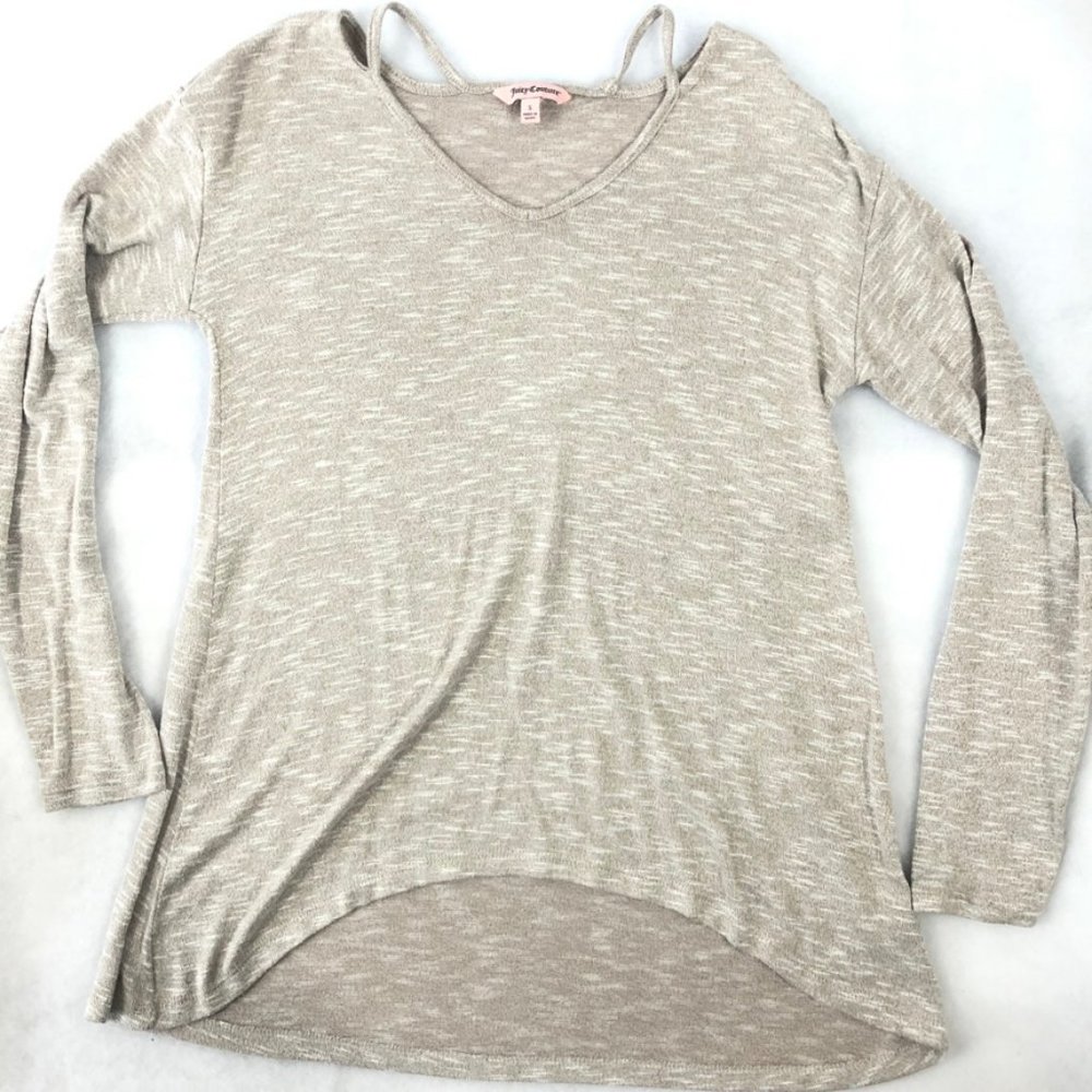 4/$15 Juicy Couture Women Small Tan Beige Heather Long Sleeve Pullover  High Low
